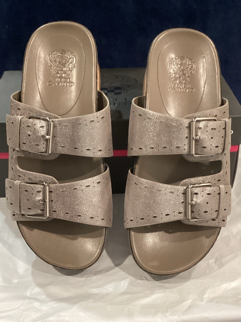 Vince Camuto Frayah Leather Metallic Slide Sandals Taupe Silver 8.5W